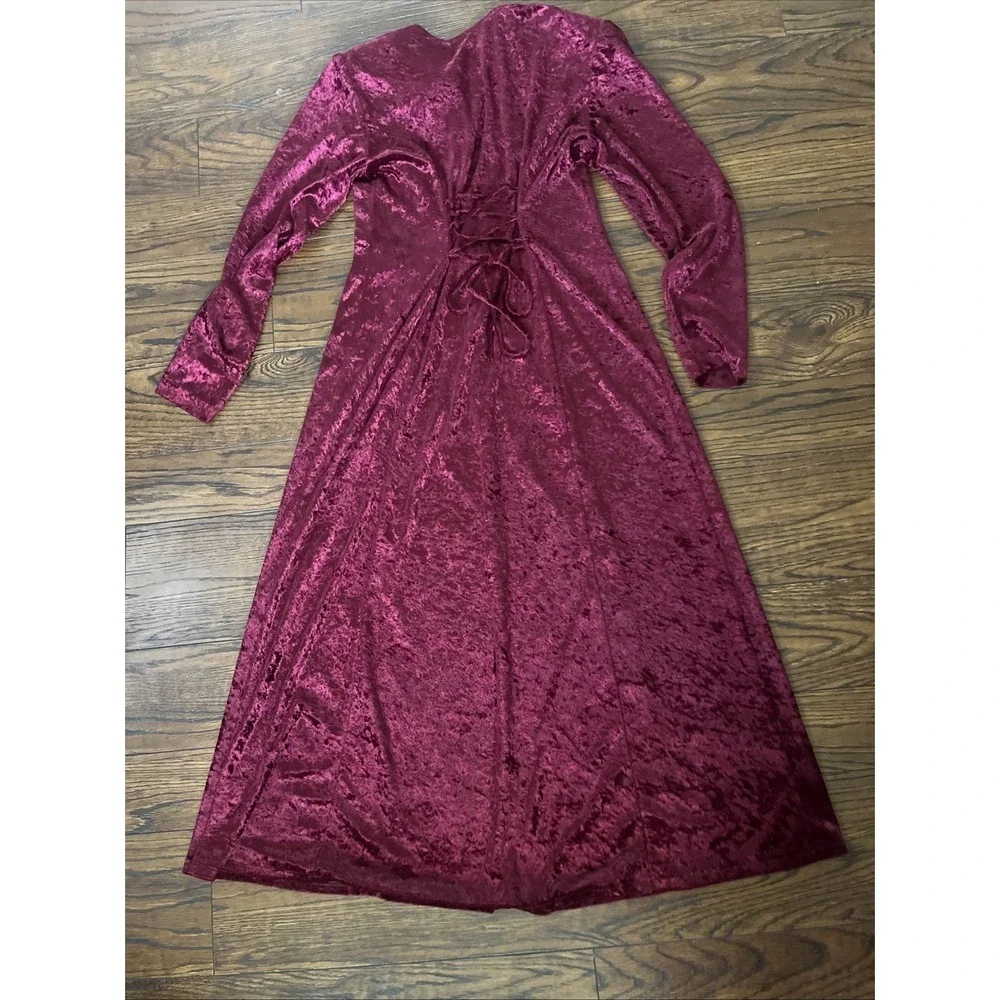 Vintage 90s Goth Bentley Red Crushed Velvet Tie Back Long Sleeve Midi Dress 8